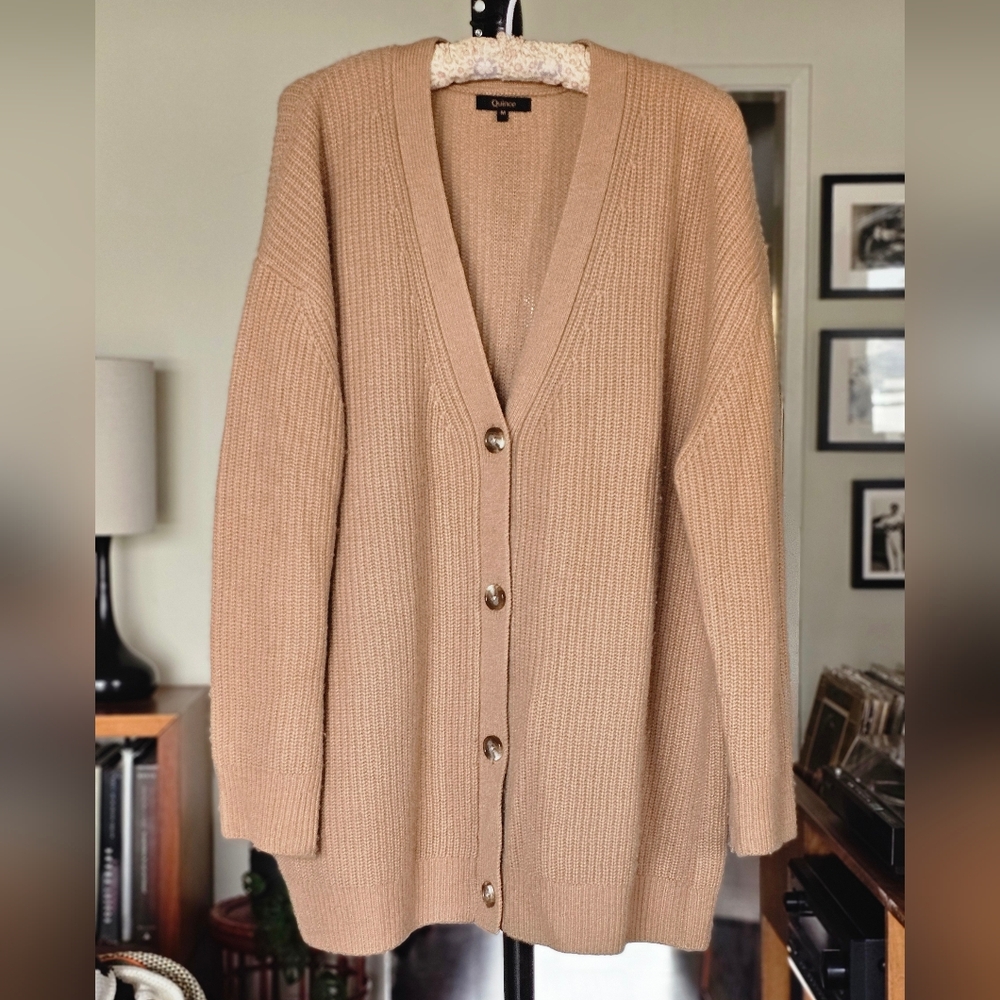 Quince Camel Ribbed Button-Front Cardigan